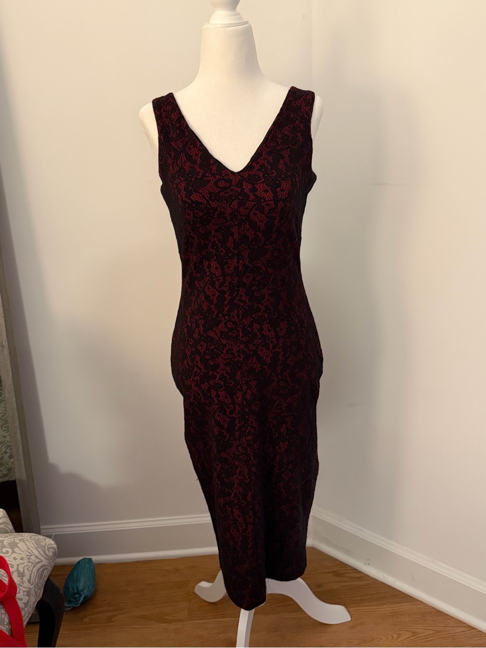 MICHAEL Michael Kors Black & Burgundy Lace-Effect Midi Dress